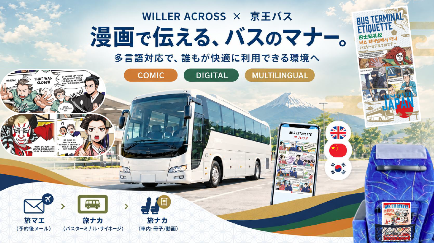 【観光庁採択事業】 WILLER ACROSS×京王バス、高速バスの快適な利用環境づくりに向けた「マナーコミック実証」を開始　～漫画×デジタルで、インバウンド観光客のマナー・ルールへの理解を促進～